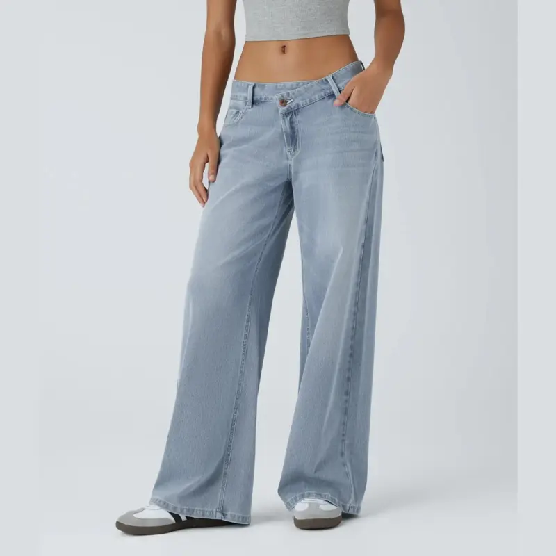 Women's Asymmetric Low-Rise Washed Denim Jeans - Streetwear Trouser Bottom with Diagonal Zipper, Zipper Pockets, Solid-Color Buttons, Baggy Wide-Leg Pants, Junior Plus, Fitted Cut, Modal, Foldable, Minimalist Casual Outdoors Holiday Clothes