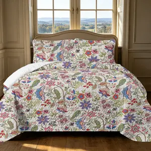 Baroque Square Reversible Patchwork Quilt Set, Lightweight Boho Printed Bedspread Coverlet All Season Bedding Set with 2 Pillow Shams, Soft Microfiber King/Queen Size Bed Cover for Bedroom Decor