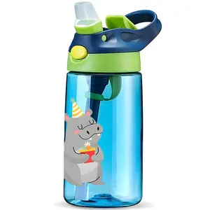 Cute Cartoon Hippo Design Kids Tumbler Water Bottle Toddler Cup with Straw Spill Leak Proof Durable Plastic Drinking Bottle for Children School and Sports, Perfect Gift For Friends, Family, Children