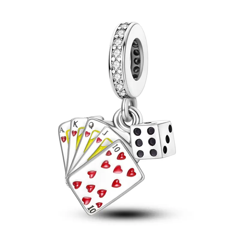 MULA Silver-Plated Charm Pendant, Casino-Inspired Poker & Dice Jewelry for Women with Cubic Zirconia & Enamel, Fits Pandora Bracelets, Girl, Valentines Day, Charms & Pendants, Personalized Jewelry