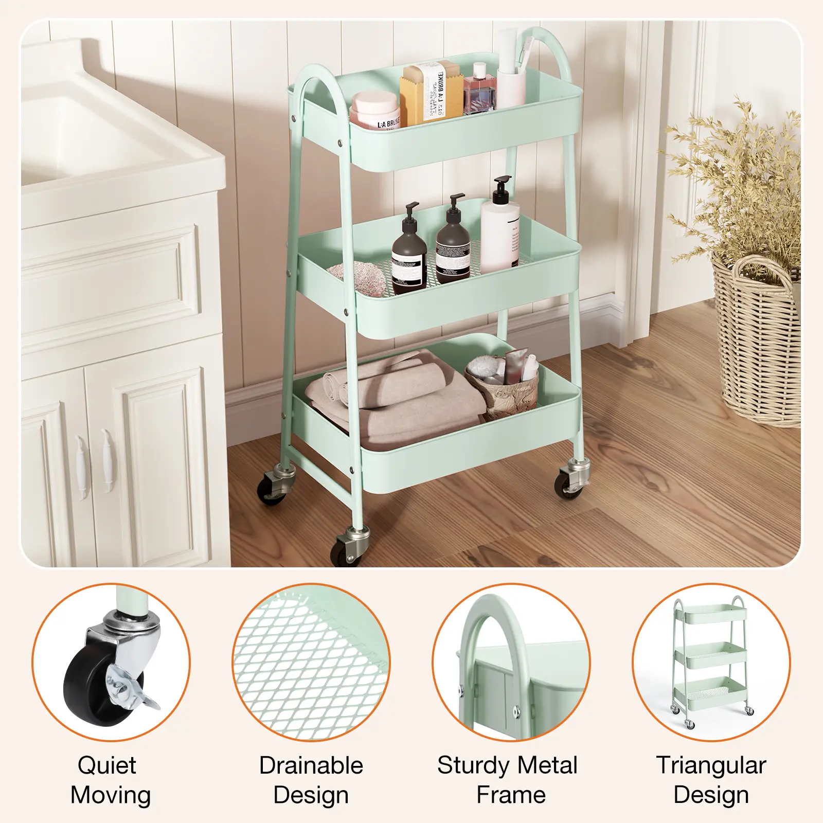 【Deal】SweetFurniture Durable 3-Tier Rolling Metal Utility Storage Cart - Cleaning Supplies Organizer, Bathroom Shelf Racks, Transport Wheels for Narrow Bedside & Room Storage