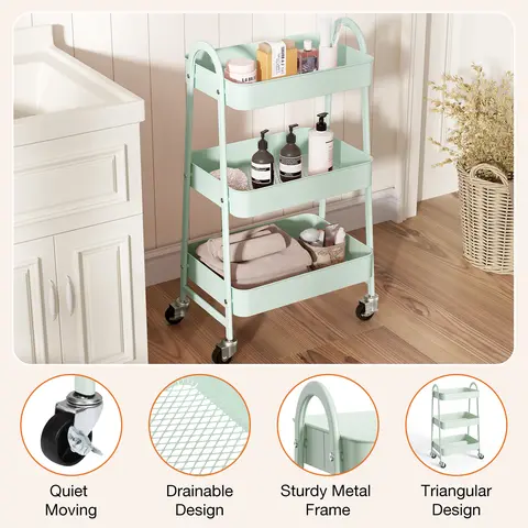 【Deal】SweetFurniture Durable Metal Frame 3-Layer Multi-Level Utility Rolling Cart, Bathroom Space-Saving Freestanding Organizer with Locking Wheels, Racks, Fast-Draining Design for Daily Cleaning Supplies Storage