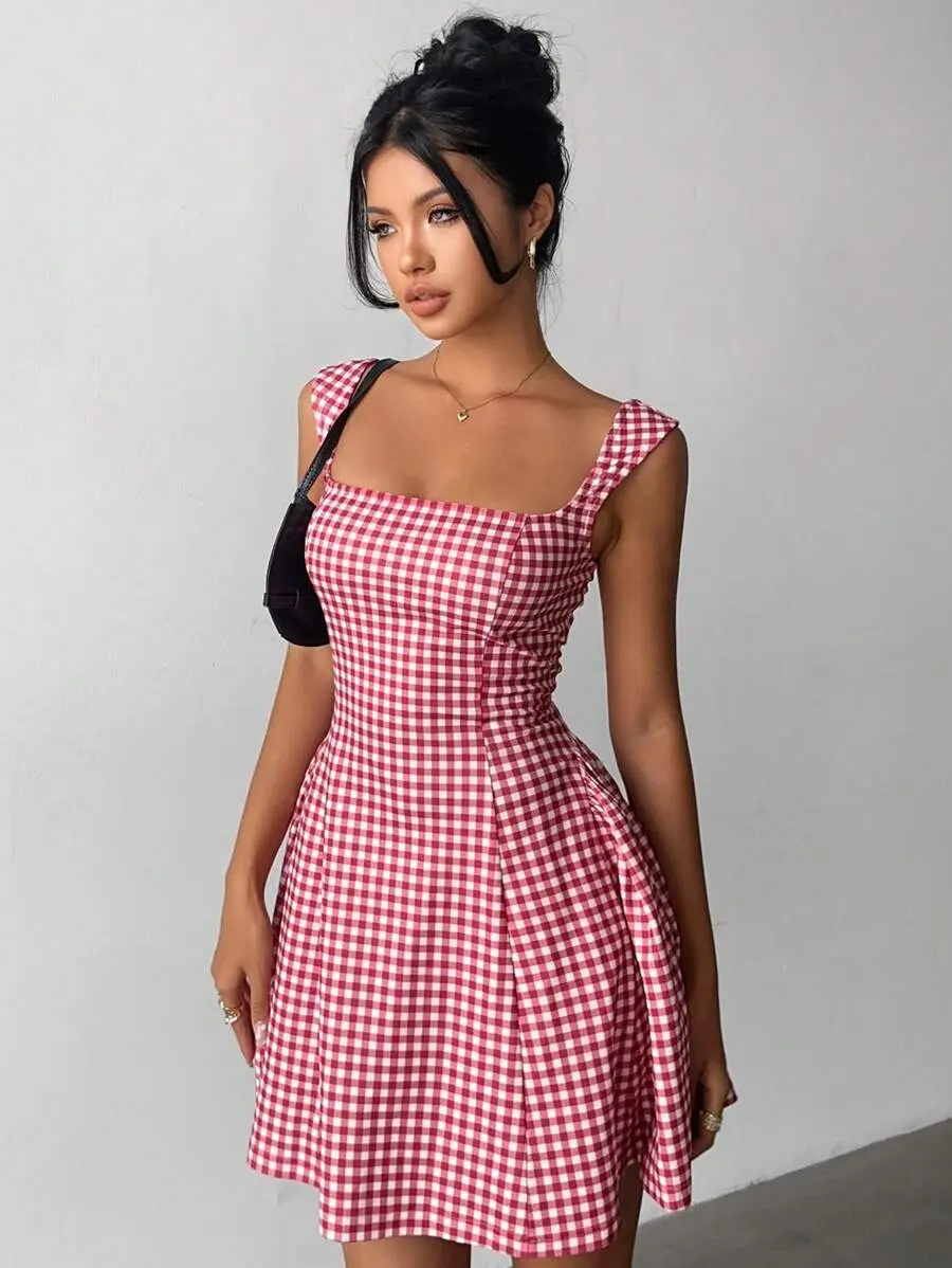 SOLELINA Women's Cute Red And White Plaid Summer Picnic Mini Dress,Casual Y2K Young Girl Office Short Dress,Elegant Graduation Back To School Dresses
