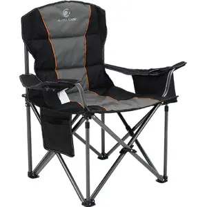 Foldable Camping Chair Oversized Padded Heavy Duty Portable Quad Chair with Cooler Bag & Cup Holder, Black