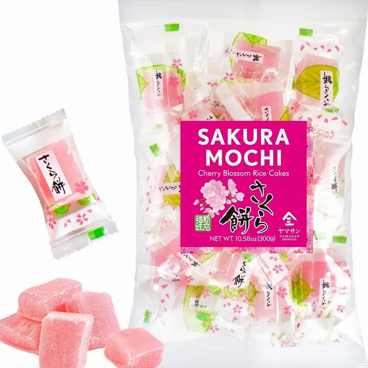 YAMASAN KYOTO UJI Japanese Sakura Mochi Candies, Real Traditional Cherry blossom Rice Cakes, 300g/10.58oz, Japanese Snacks, Japanese Candy, Individually Wrapped
