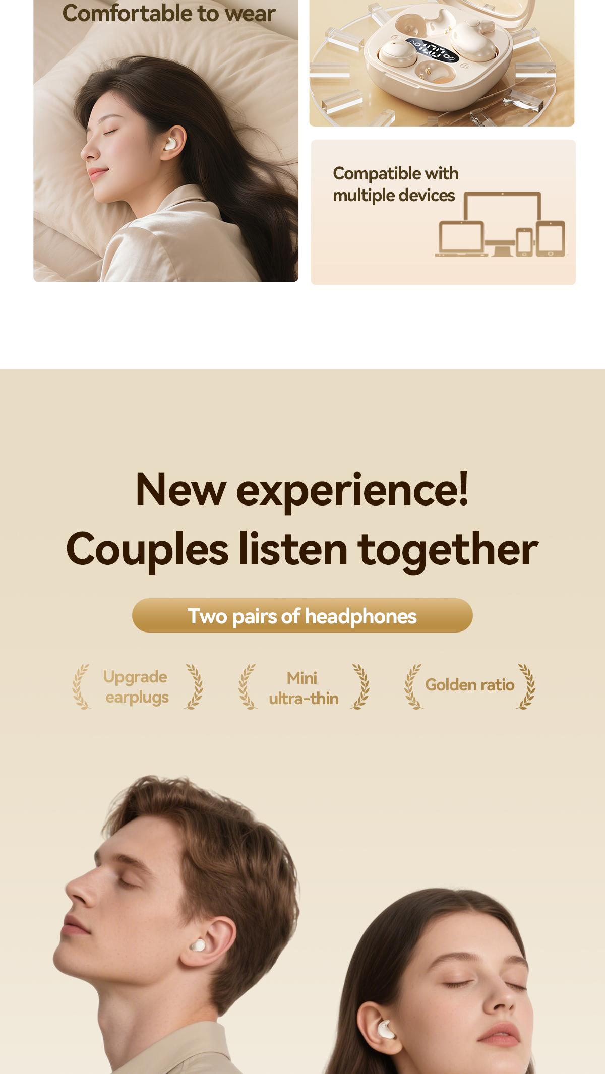 Chengruida M126 HiFi Quality 2 Pairs Wireless Earbuds, Ultra Thin Mini No Ear Pressure Side Sleep, Noise Reduction Call Long Battery Life