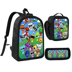 3PCS Sprunki Backpack Set with Lunch Bag Pencil Case Large Capacity School Bag for Student Middle School