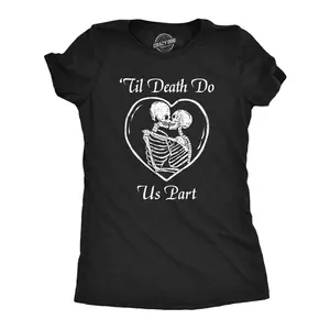 Womens Till Death Do Us Part T Shirt Funny Dead Skeleton Married Couple Joke Tee for Ladies Funny Womens T Shirts Cute Vintage Fashion Casual Ladies T-Shirt Gift Halloween Tops for Women Funny Proposal Top Black -