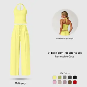 Women's 2-Piece Fitted Basic Polyester-Silk Sweatsuit Set, Adjustable Lady’s V-Neck Top & Wide Leg Pants, Breathable Everyday Summer Wear, NVWA Mother’s Day Gift for Holiday Travel & Gym Yoga Summervibes