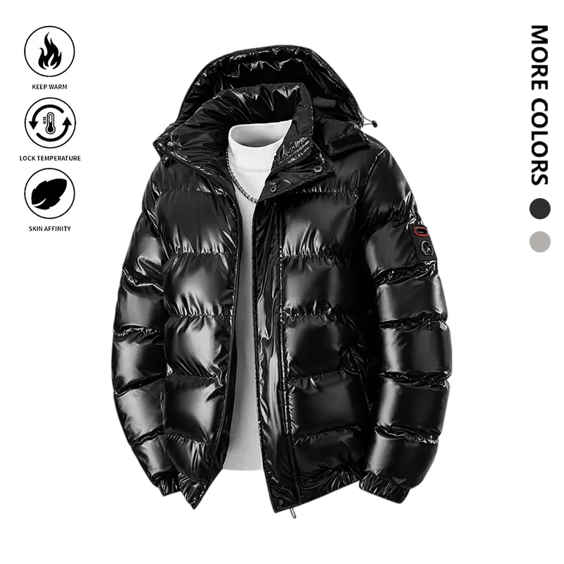 Men's Stylish Glossy Thermal Down Puffer Coat - Long Sleeve, Detachable Hood, Foldable, Casual Streetwear Menswear Winter Warm Outerwear