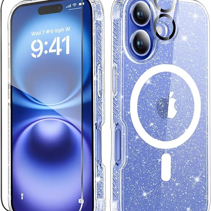 Entronix Case for iPhone 18/17/16 Air/Plus/Pro Max - Magnetic Clear Glitter Cover, Clear Camera Lens & Tempered Glass Screen Protector, Accessories