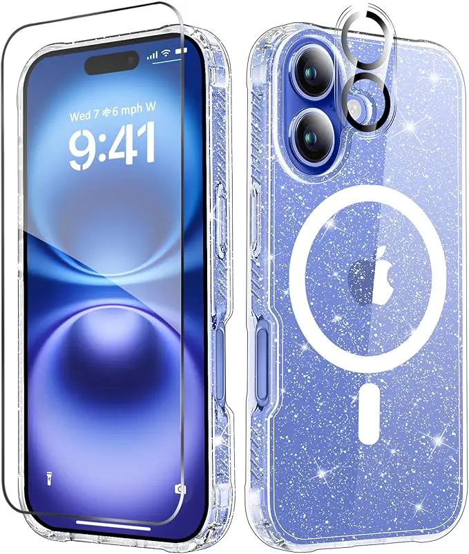Entronix Case for iPhone 17/16 Air/Plus/Pro Max - Magnetic Clear Glitter Cover, Clear Camera Lens & Tempered Glass Screen Protector, Accessories