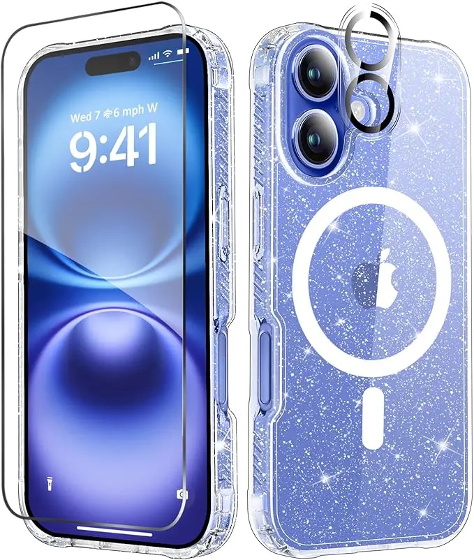 Entronix Case for iPhone 17/16 Air/Plus/Pro Max - Magnetic Clear Glitter Cover, Clear Camera Lens & Tempered Glass Screen Protector, Accessories