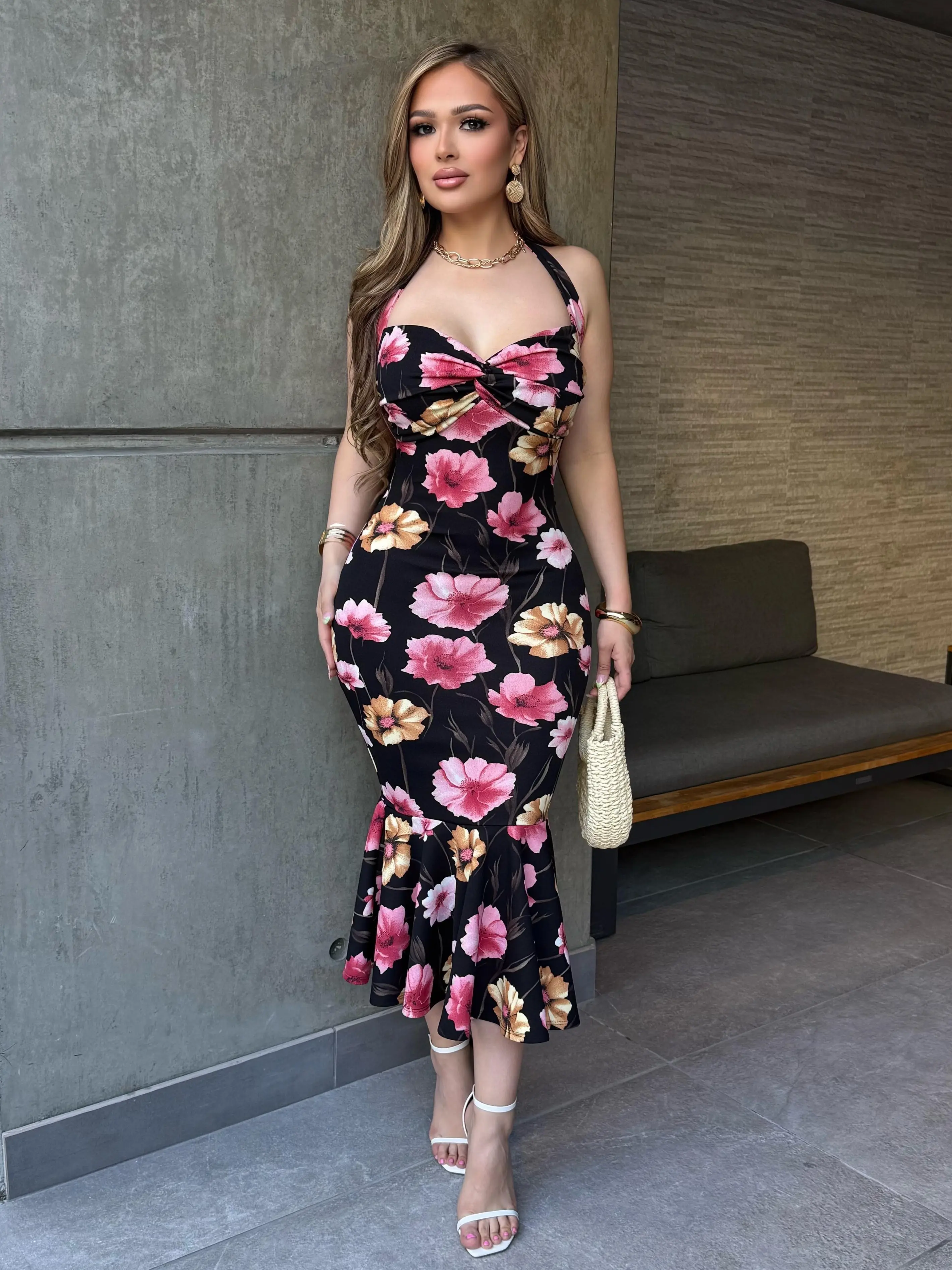 knee length dresses for ladies Baltic Born Womens Morlana Maxi Dress | Black + Tan Print main image 0