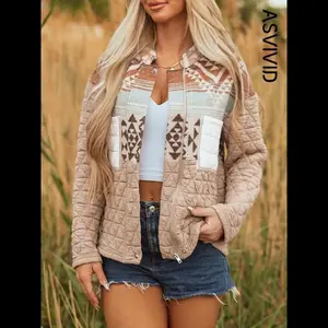 Women’s Aztec Print Quilted Patchwork Jacket, Casual Elegant Western-Style Stand-Collar Coat, Winter Thick Outerwear with Chest Pockets, Women’s Clothing, Fashion Tops