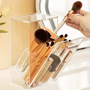 Makeup Brush Holder, Clear Make Up Brush Holder Organizer with 17 Slots, Tilt Open Large Makeup Brush Holde with Lid, Acrylic Makeup Brush Organizer for Vanity Decor Office Home