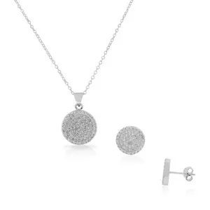 925 Sterling Silver White Clear CZ Round Stud Earrings Pendant Necklace Set, Adults