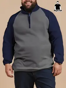 【Plus Size】 Solid Half Zip Up Henley Sweatshirt, Loose Casual Athleisure Casual Regular Fit Long Sleeve Half Placket Pullover for Fall & Winter, Men's Clothes for Daily Wear