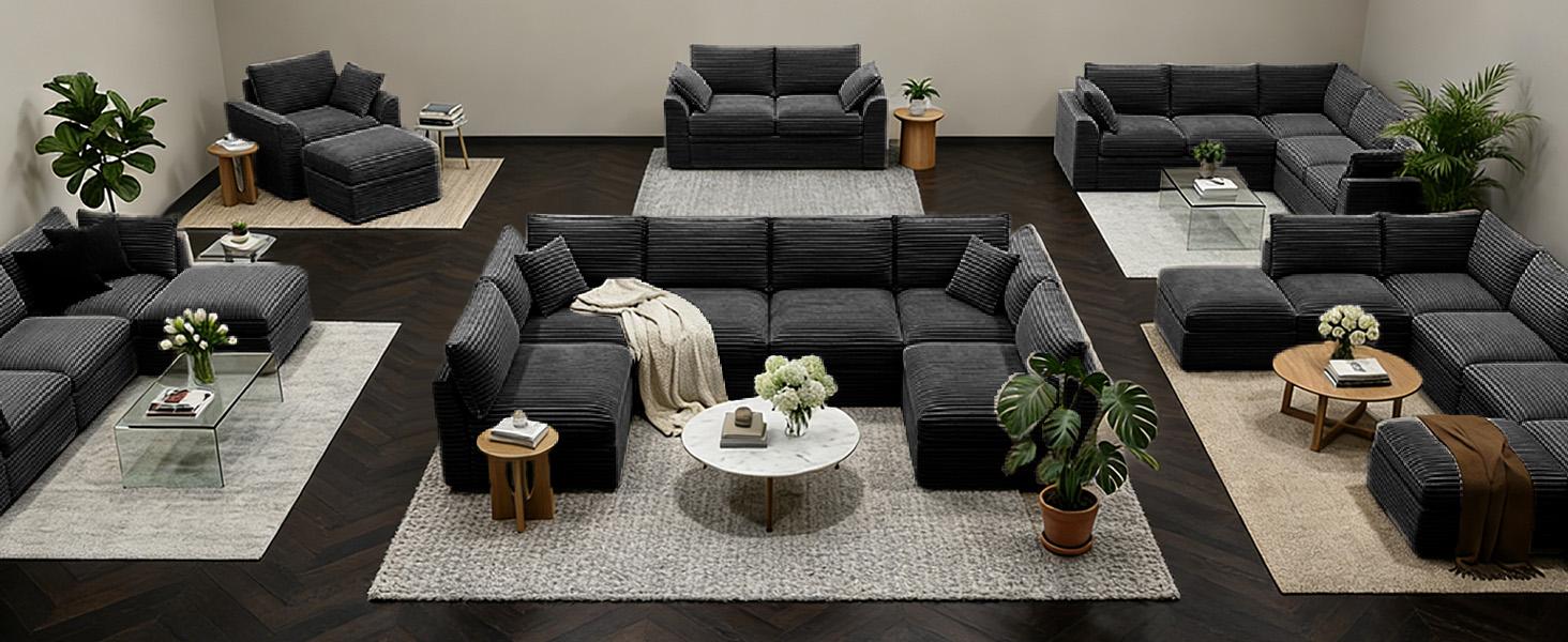 【4 Packages Shipping】NABUMI 142” Oversized Modular Sectional Sofa with Storage, Extra Deep&High Seat Corduroy Cloud Couch, 5 Seater U Shaped Couch, Ergonomic Memory Foam, Free Combination, Tool-Free Assembly, Black, Beige, Dark Gray, Green