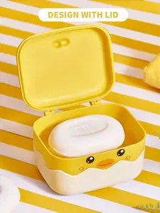1pc Yellow Duck Shaped Soap Dish With Cover And Drainer Tray, Handmade Soap Holder For Home And Travel Use