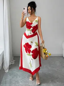 Colorblock Peony Flower Strap Dress, Print, Floral, Elegant Summer Fashion, Women's Casual Wear, Chic, Bohemian Summer Dresses, Perfect for Parties and Daily