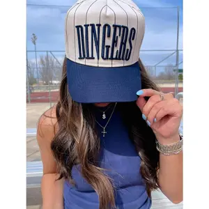 Dingers Navy Striped Vintage Trucker Hat Flatbill Snapback Cap for Baseball Season Adjustable Snapback Design Fashionable