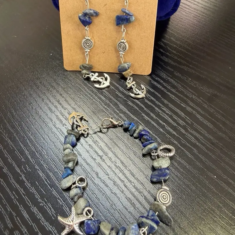 Sea Themed Bracelet & Earrings Set with Blue Beads and Anchor Charms for Nautical Style