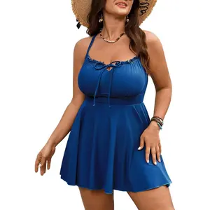 Womens Plus Size Swim Dress One Piece Swimsuit Tummy Control Bathing Suit Ruffle Tie Front Ruched Swimdress Swimwear