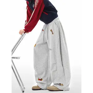 Relaxed and fun dachshund embroidered curved hem sweatpants for men and women, autumn loose casual sports pants, couple's wide-leg trousers
