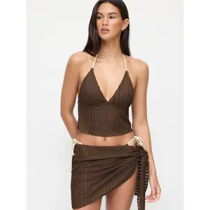 Cider Texture Halter Neckline Lettuce Trim Knotted Tankini Tie Side Bikini Set With Sarong