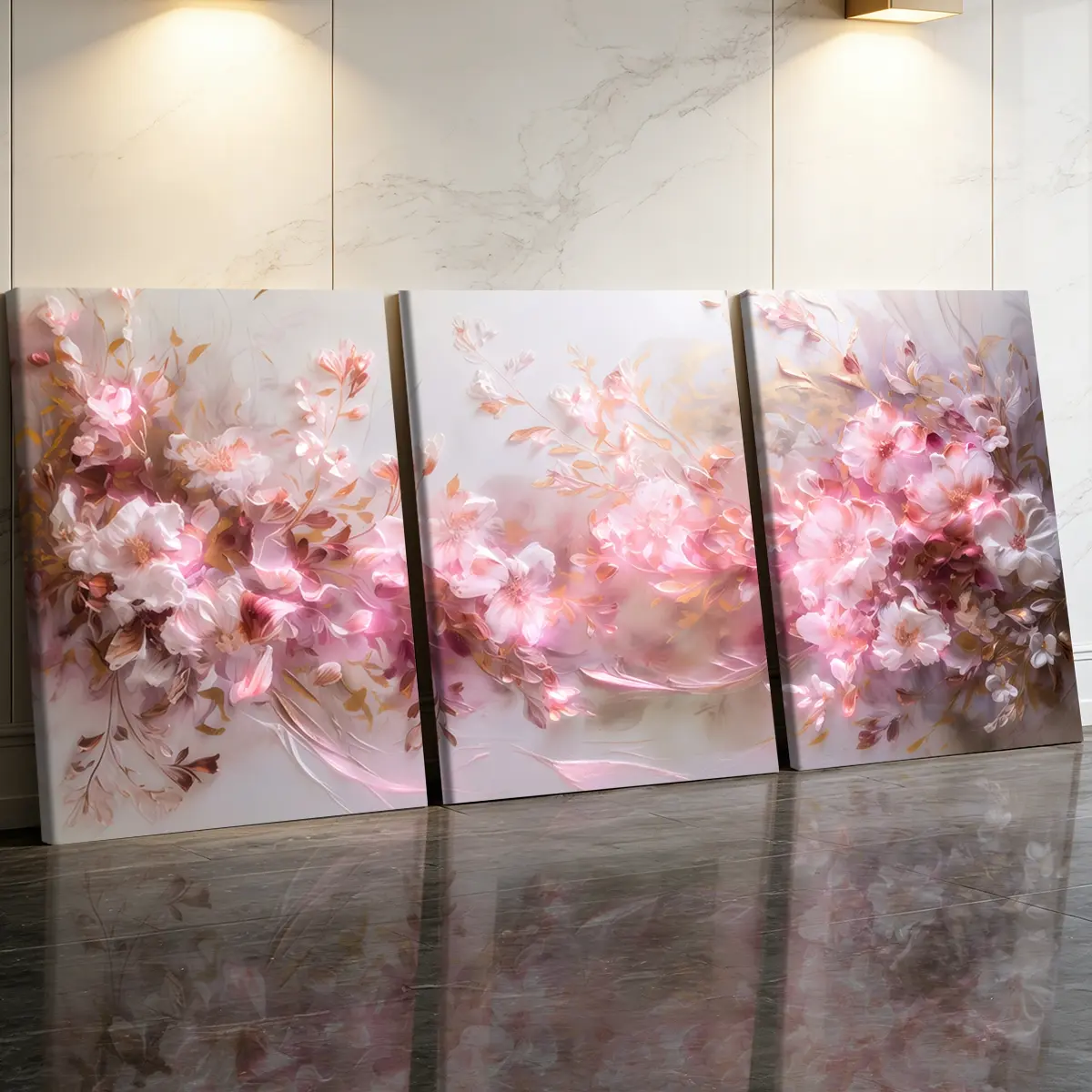 3 Counts Wooden Framed Canvas Painting, Elegant Pink Floral Blossom Images, Exquisite Poster, Perfect Gift, Decor For Living Room, Bedthroom, Modern Art, Fashion Family Poster, Wall Art Decoration, Decorative Artwork