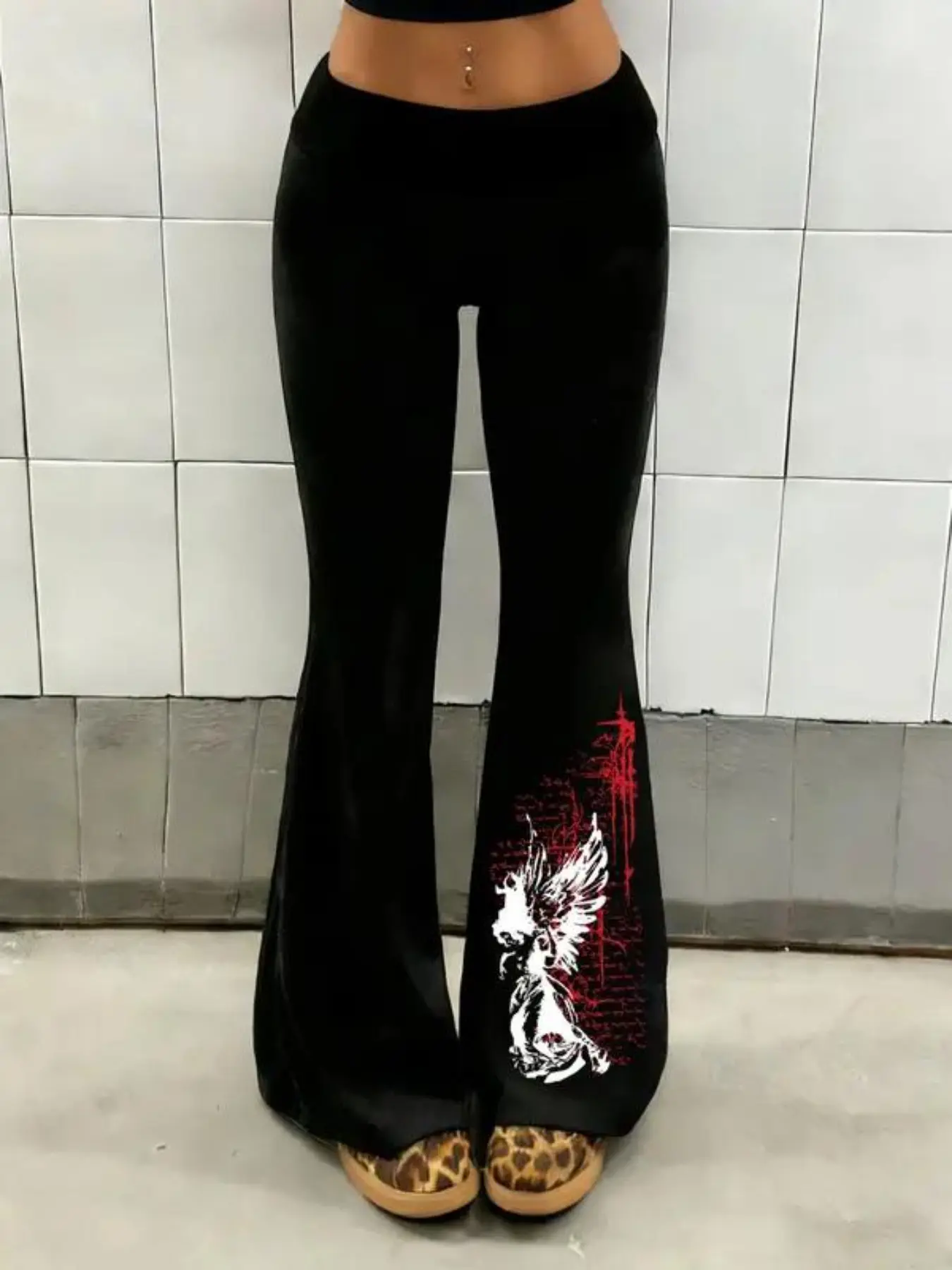 Viral TikTok Y2K Angel & Grunge Print Flare Pants | High-Waisted Stretchy Flared Bell Bottoms | Retro Aesthetic Streetwear, Womenswear for Clubbing, Date Nights & Daily Casual Outfits | Soft Comfy Slim-Fit Trousers for Women’s Y2K Fashion Look