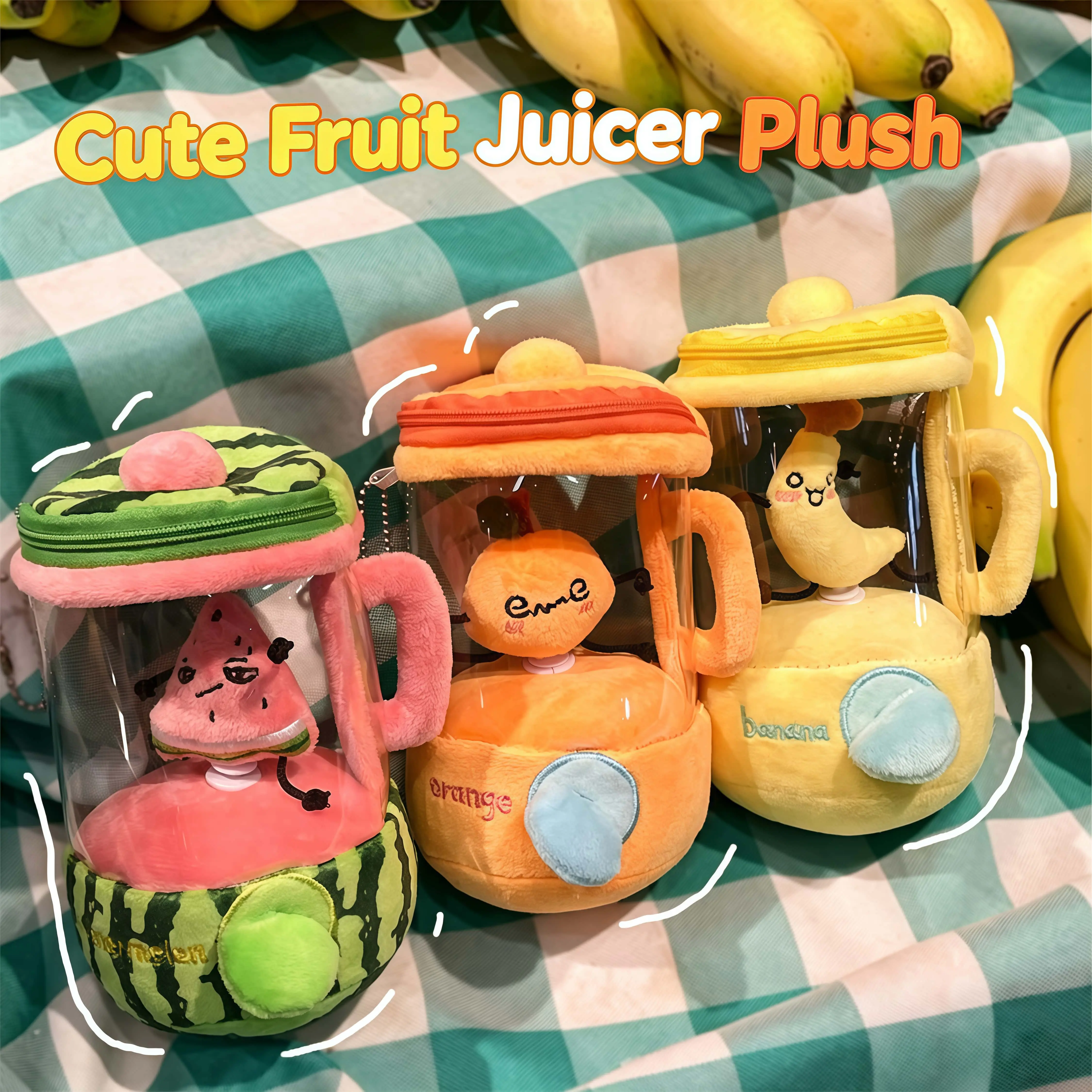 Cute Fruit Blender Shaped Plush Keychain, Pull String Spinning Fruit Doll, Kawaii Watermelon Orange Banana Decompression Plush Ornament, Funny Backpack Bag Charm, Creative Novelty Gift for Teen Girls