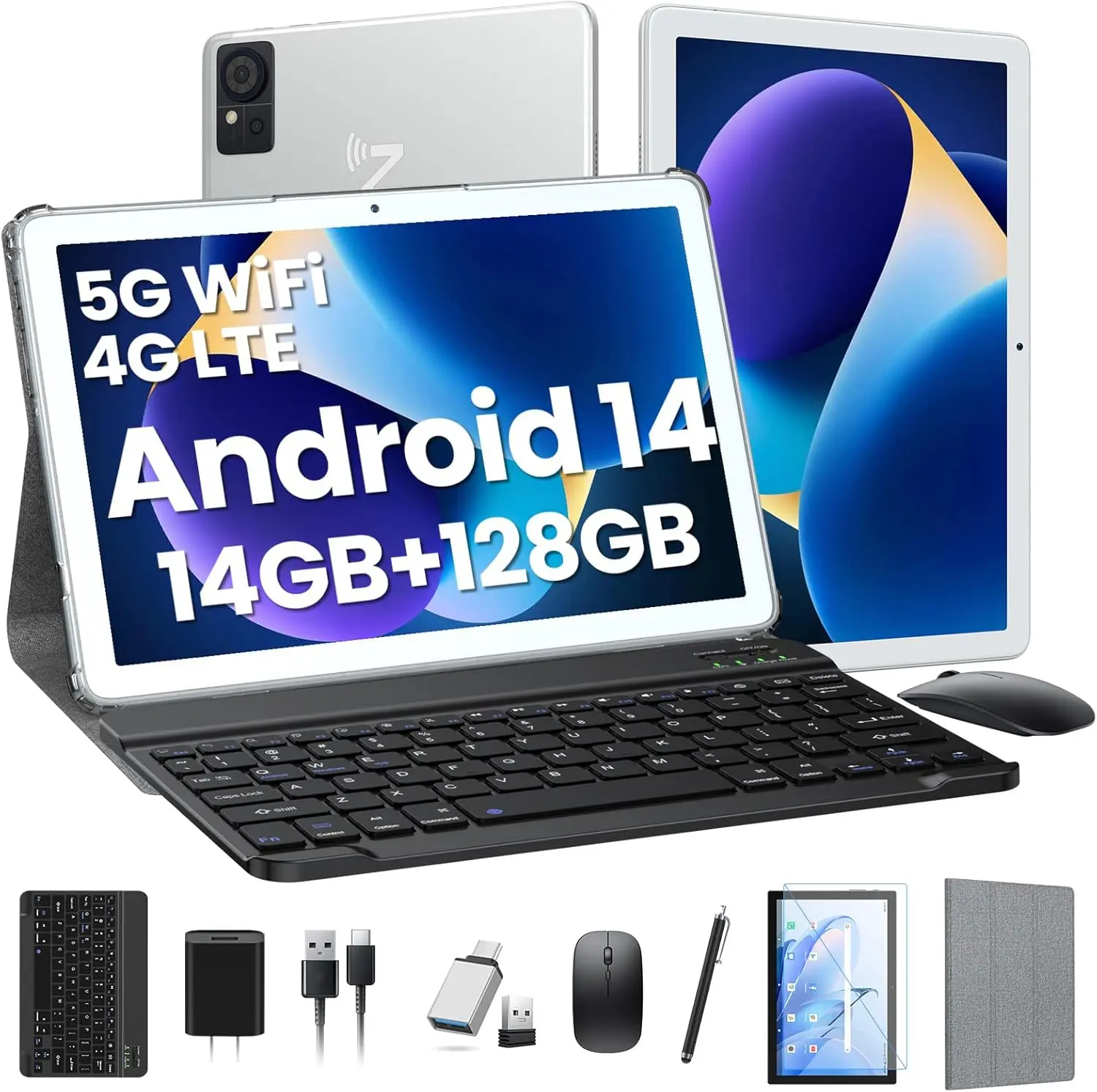 Tablet with Keyboard, 2025 Android Tablets 14GB+128GB+1TB Expand, 10.1 Inch Tablet Octa-Core 2-in-1 Tablets with Incell Screen,5G WiFi & 4G LTE,7000 mAh,Face Unlock,Mouse,Case