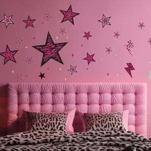 1 set of 4pcs pink Star Love Lightning Wall Stickers: Star Love with leopard print, zebra print and other elements, paired with lightning design, adds lively and cool feeling to the bedroom, vinyl removable home decoration stickers