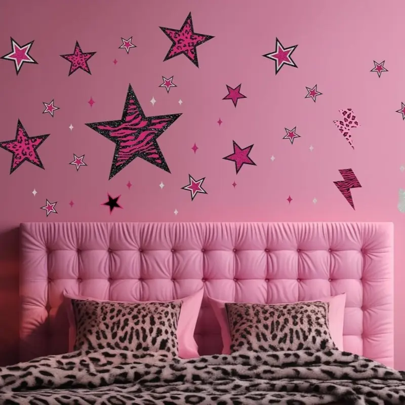 1 set of 4pcs pink Star Love Lightning Wall Stickers: Star Love with leopard print, zebra print and other elements, paired with lightning design, adds lively and cool feeling to the bedroom, vinyl removable home decoration stickers