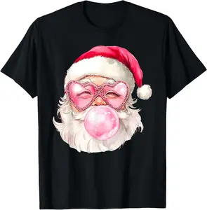 100%cotton Vintage Retro Santa Christmas Bubble Gum Pink Sunglasses T-Shirt