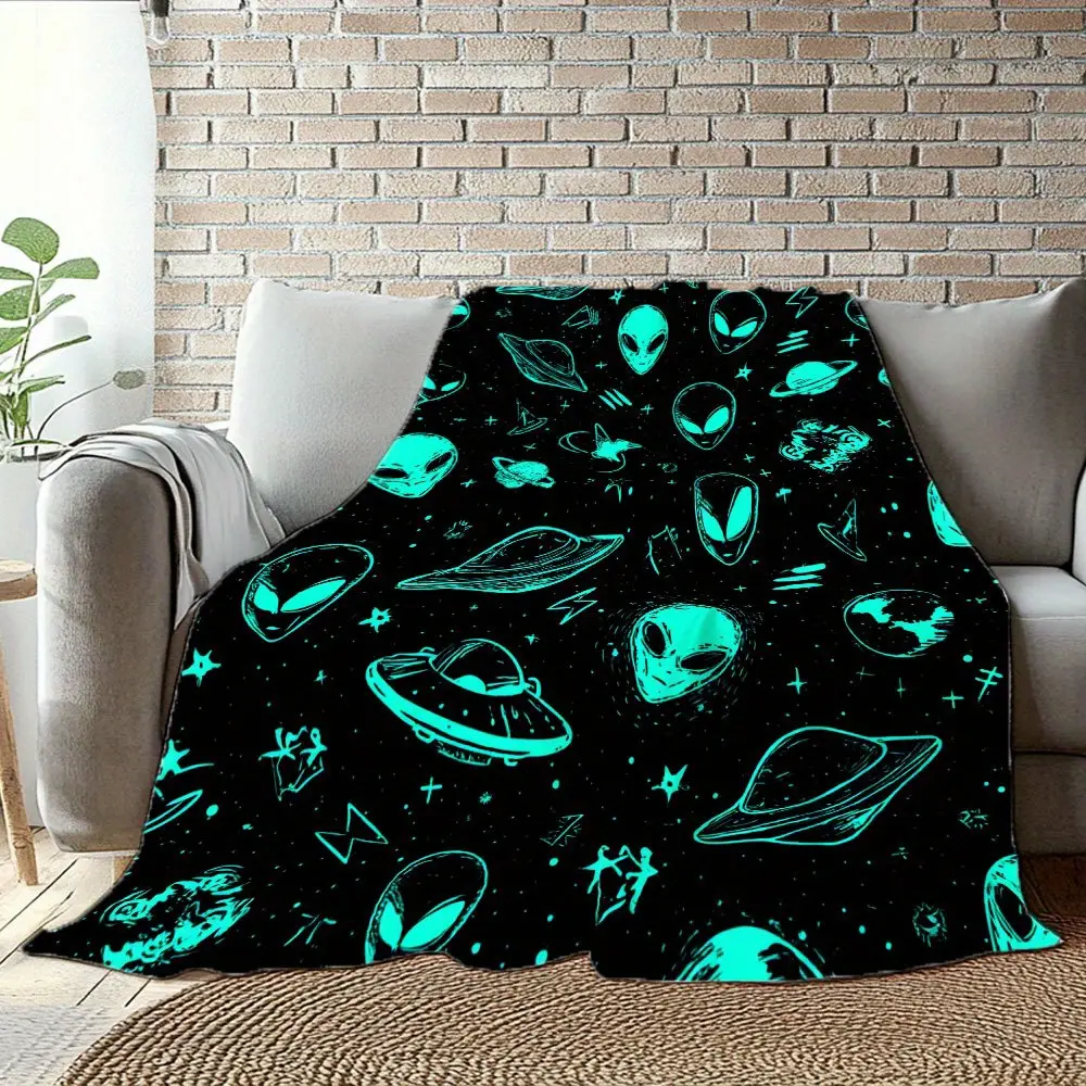 Vintage Alien Universe Flannel Blanket, Durable Comfortable All-Season Throw, Vivid Space Art, with and Prints