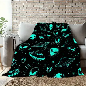 Vintage Alien Universe Flannel Blanket, Durable Comfortable All-Season Throw, Vivid Space Art, with and Prints