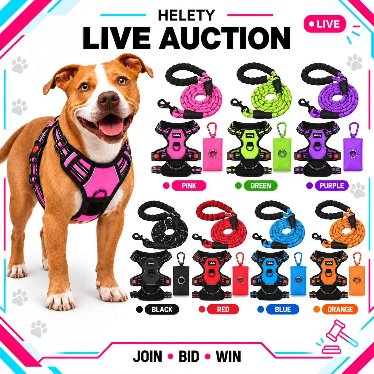 HELETY 3-Piece No-Pull Dog Harness & Leash Set, Adjustable Reflective Pet Vest with Padded Handle Leash and Waste Bag Holder for Medium & Large Dogs