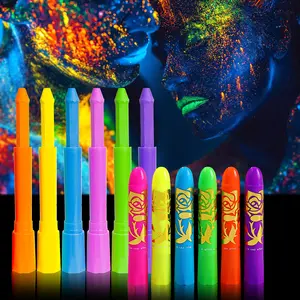 6 Neon Glow Face & Body Art Sticks, Washable Fluorescent Crayons for Halloween, Makeup Parties, Carnivals, Music Festivals, Blacklight Events
