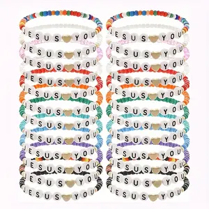 Set of 24 Handmade Clay Bead Bracelets Featuring The Message ' Loves You', Perfect As Christian Friendship Gifts for Women During The Christmas Season