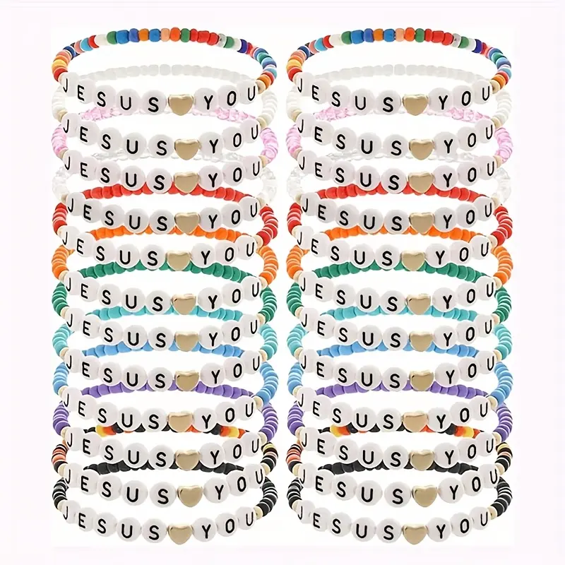 Women's 24-Piece Bohemian Bracelet Set, Colorful Clay Beaded Word Jewelry, Stackable Bangles for Daily Casual Wear, Friendship Gifts, Everyday Use, Personalized Message, Colored Clay Bracelets & Bangles, Handmade, Chosen Family, Diy Jewelry