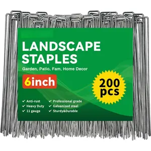 6 Inch Galvanized Landscape Staples, 200 Pack 10 Gauge Garden Stakes , Hot-dip U-Shaped Tent Stakes Cover Stakes for Sod Anchoring Landscape Fabric Irrigation Tubing