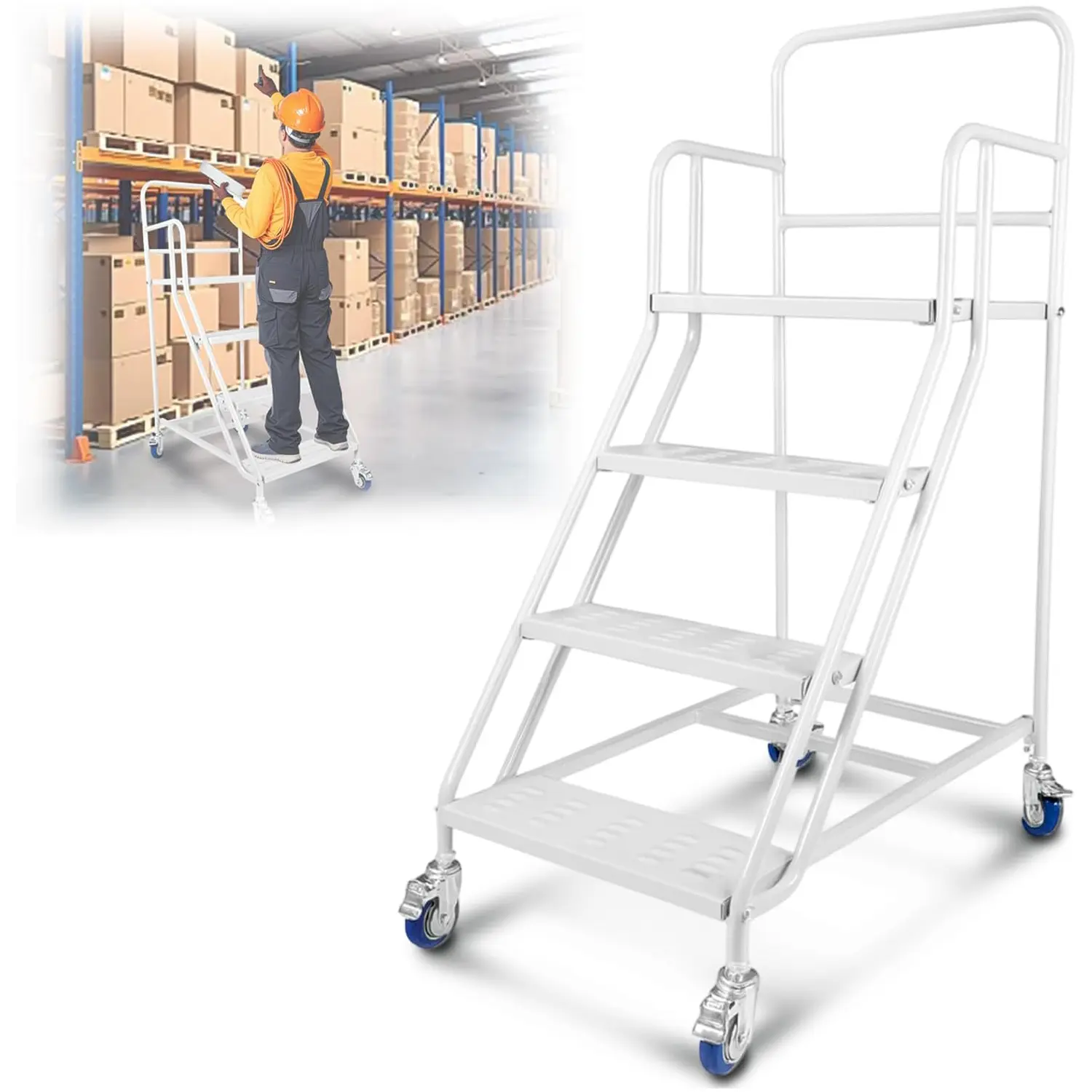 4-Step Rolling Ladder with Wheels, 445 lb Capacity Mobile Steel Stairs with Step-On Wheel Locks, Handrails and Raised Step Edges for Warehouse, Garage and Library, White