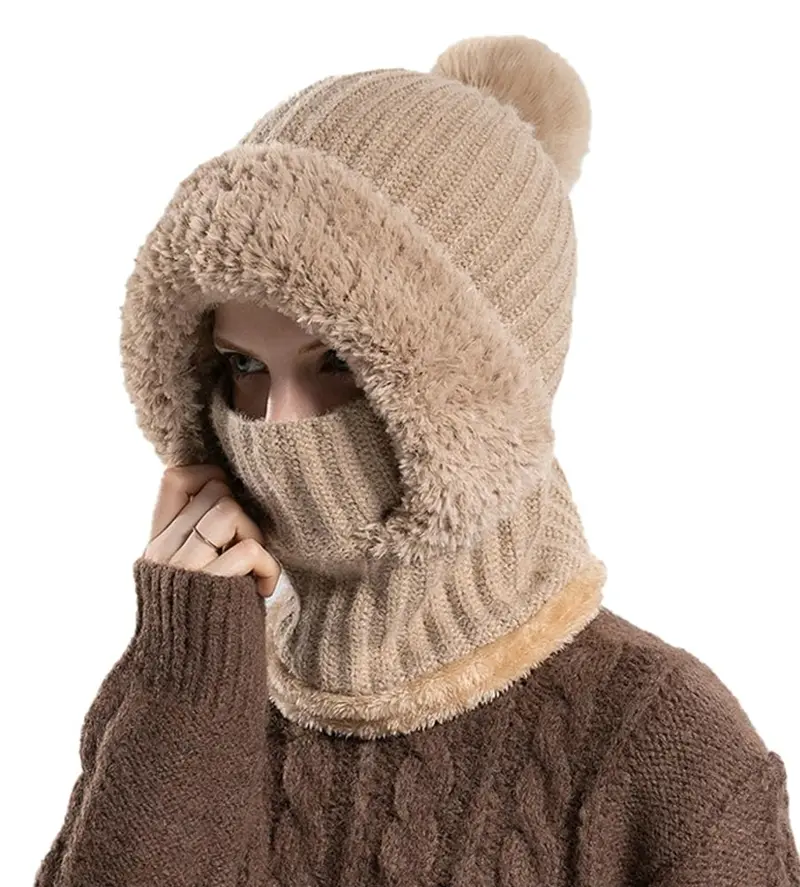 Women's Solid Color Soft Knit Animal Beanie‑Fluffy Pom Pom Decor, Rabbit Ear Hat, Adorable Furry Thermal Fall Winter Fashion Accessory, Animal Hats, Rabbit Ear Hats