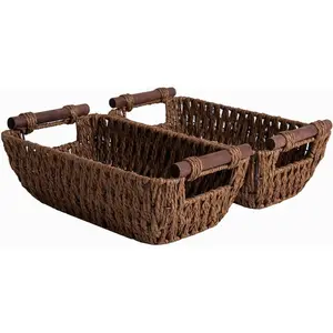Handwoven Small Wicker Baskets, Round Paper Rope Storage Baskets with Wooden Handles, Dark Brown, 2-Pack