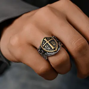 Men's Vintage Cross Shield Stainless Steel Ring - Funk Punk Machismo Metallic Knight Double Cross Stainless Steel Jewelry for Costume Accessory Use, Funk Punk Rings