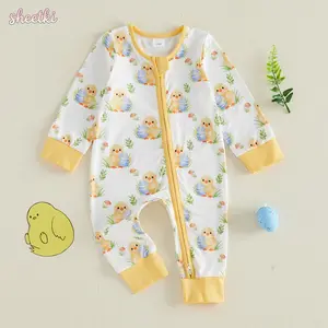 Baby Girl Boy Easter Romper Chick Egg/Bunny Carrot Long Sleeve Zip-up Jumpsuit Cute Spring Clothes