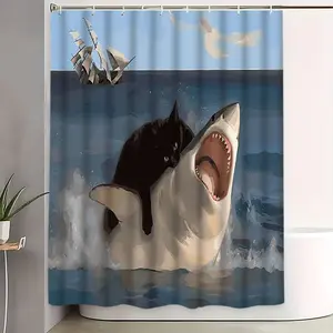 Cat Shark Theme Shower Curtain Set, Blue, Includes Plastic Hooks, Non-Slip Mat, U-Shaped Toilet Pad, Bathroom Decor Accessories